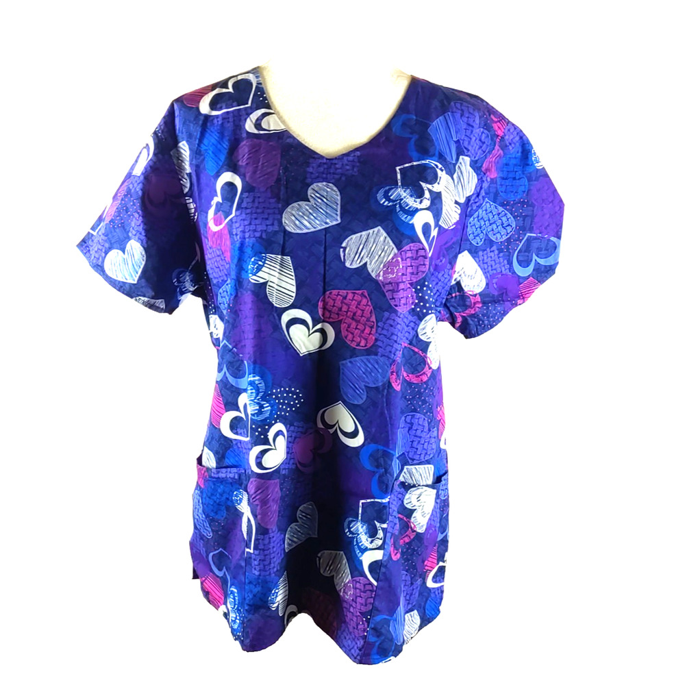 Wonder Wink Women's Scrub Top Size Large Blue Green Hearts Medical